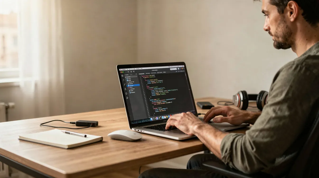 Développeur web freelance concevant un site internet professionnel sur son ordinateur