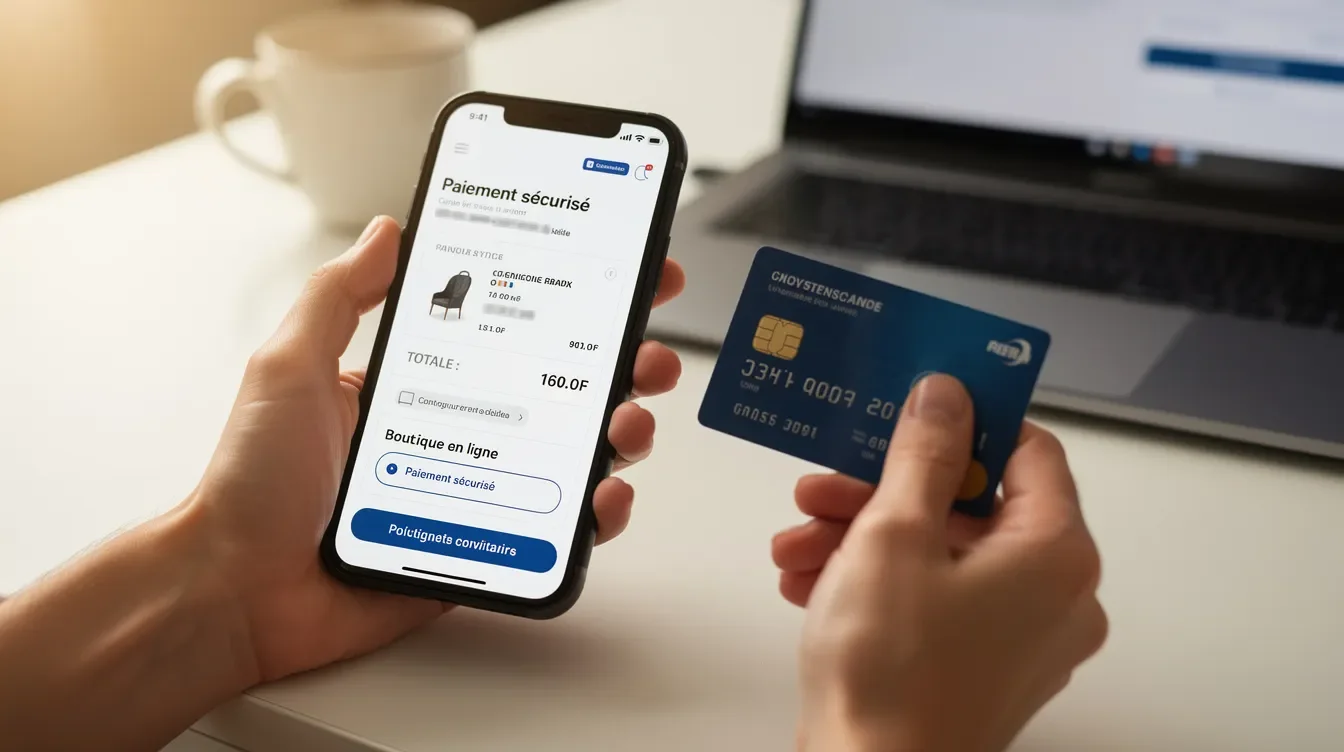 Une personne utilise un smartphone pour effectuer un achat en ligne, tenant une carte bancaire dans sa main. Cette image met en avant l'accessibilité des boutiques en ligne et le processus de paiement sur un site web.