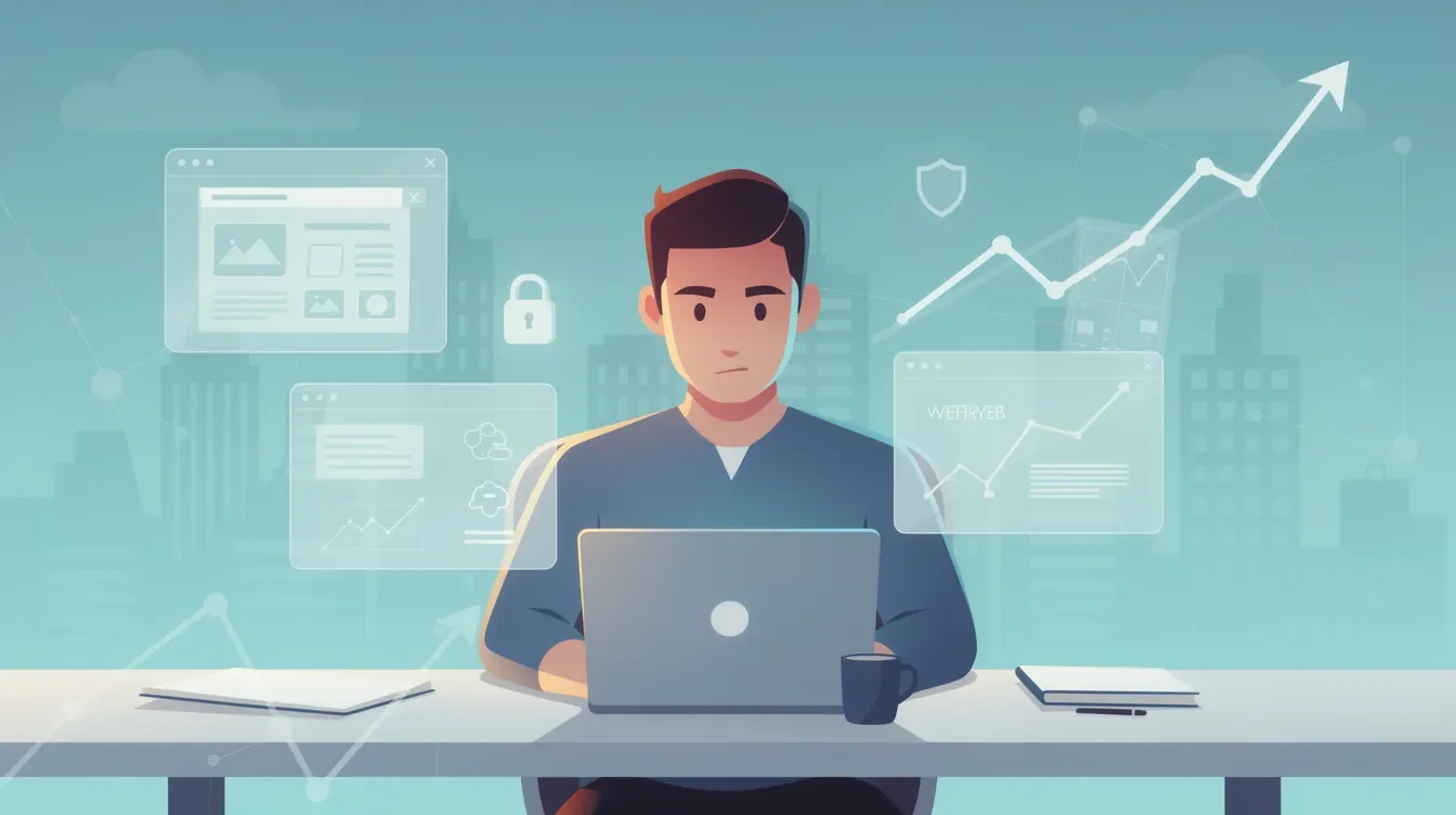 Freelance web au travail sur son ordinateur portable, entouré d'interfaces de sites et d'une courbe de croissance.