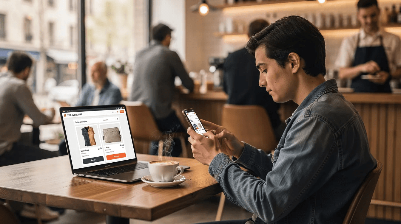 Une personne utilise son smartphone pour tester une boutique en ligne dans un café, mettant en avant l'importance de l'expérience utilisateur sur un site e commerce. L'image illustre la convivialité et l'accessibilité des sites web modernes, essentiels pour attirer les clients.