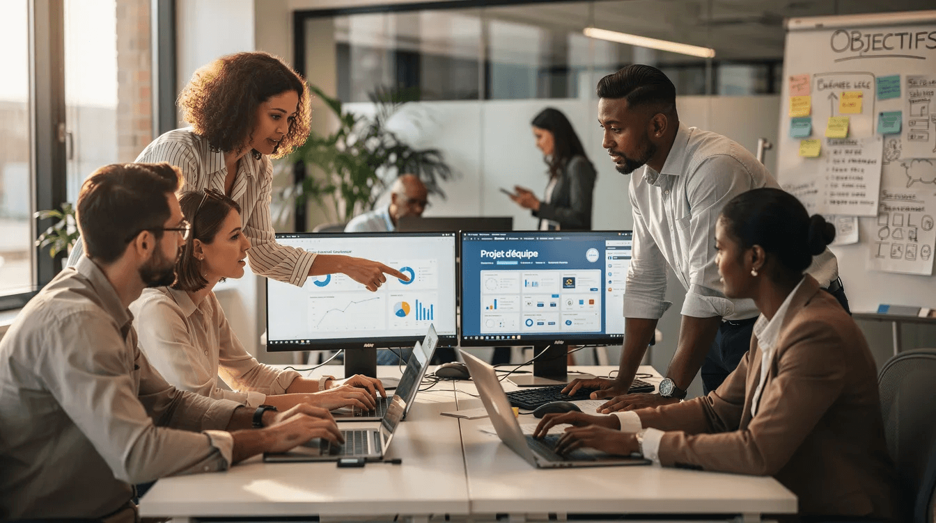 Une équipe de professionnels est réunie autour de plusieurs ordinateurs, collaborant activement sur des projets liés à l'optimisation des moteurs de recherche (SEO) et à la stratégie de contenu. Ils échangent des idées sur l'impact de l'IA et des moteurs génératifs sur la visibilité en ligne des entreprises.