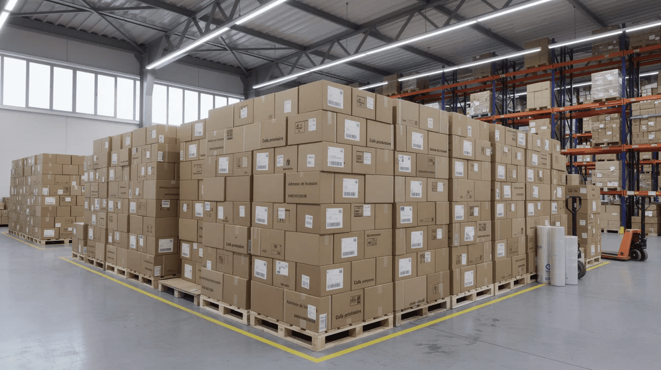 Des colis d'expédition sont soigneusement empilés dans un entrepôt moderne, prêts à être envoyés. Cette image évoque l'efficacité logistique nécessaire pour le bon fonctionnement d'une boutique en ligne, essentielle pour le développement d'un site e-commerce.