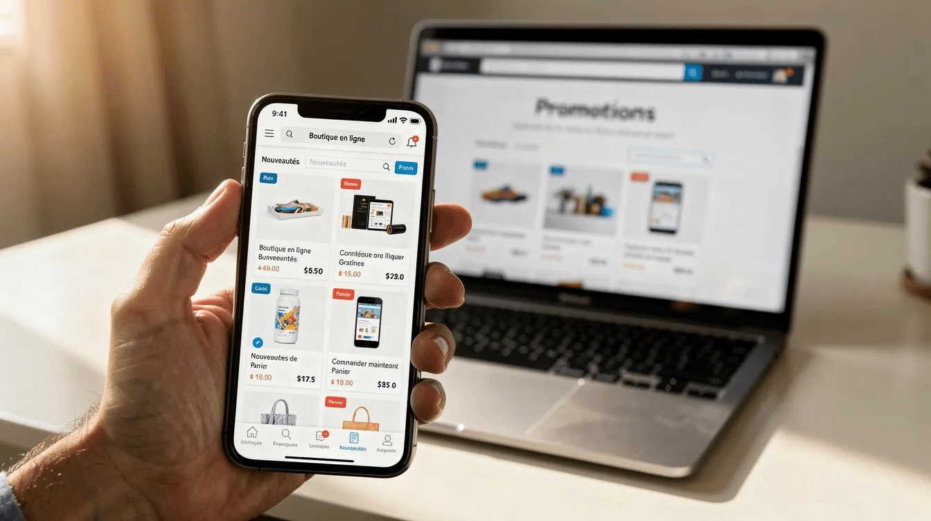 Une personne tient un smartphone affichant une boutique en ligne, tandis qu'un ordinateur est visible en arrière-plan, illustrant l'importance d'un site e-commerce dans la création d'une expérience utilisateur optimale. Cette image évoque également la refonte d'un site internet, essentielle pour rester compétitif en 2026.