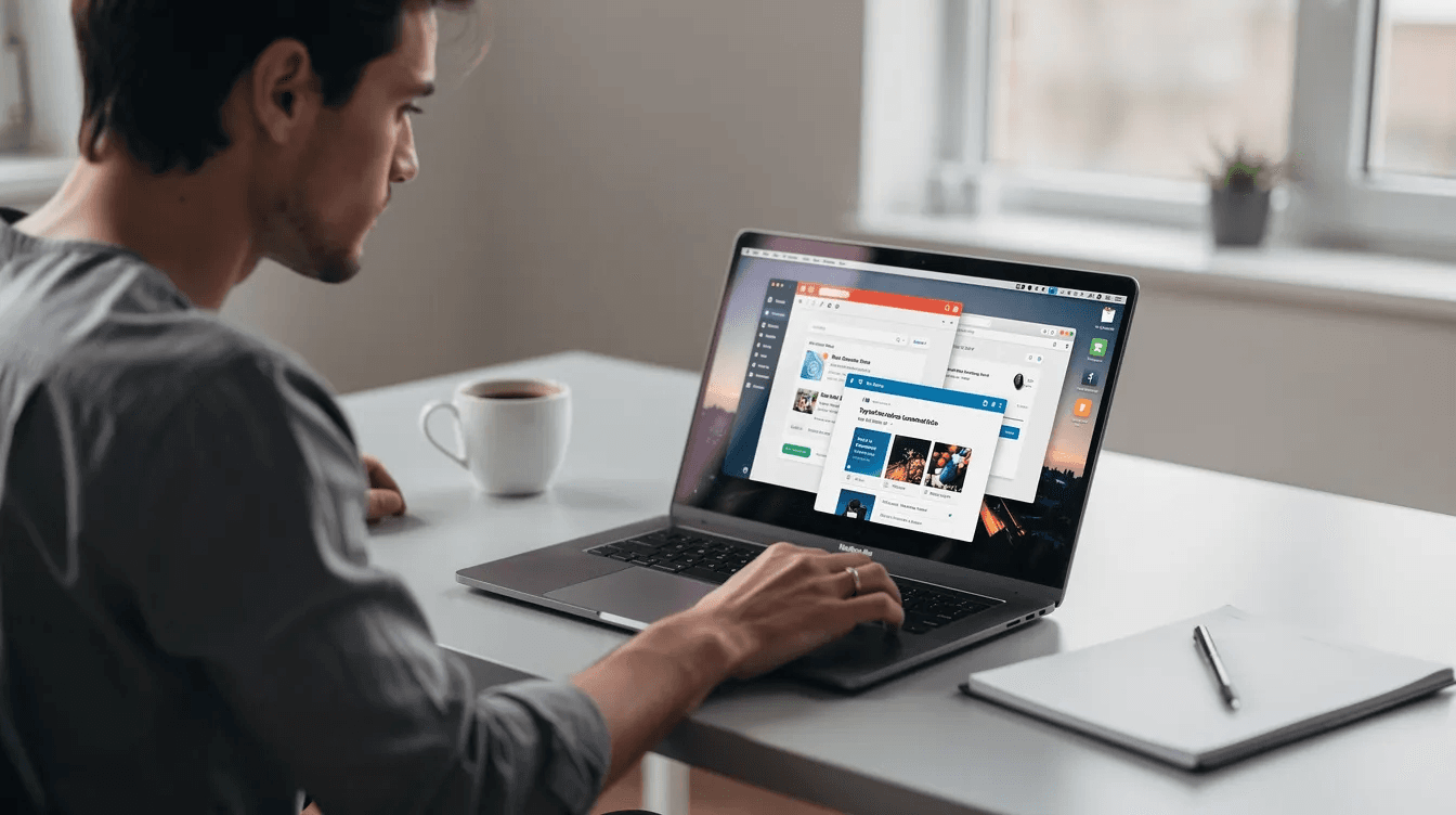 Une personne est assise devant un ordinateur, concentrée sur son travail, avec plusieurs fenêtres de navigateur ouvertes, probablement en lien avec la refonte d'un site internet. On peut imaginer qu'elle recherche des informations sur le coût d'une refonte de site web ou les fonctionnalités nécessaires pour améliorer l'expérience utilisateur.