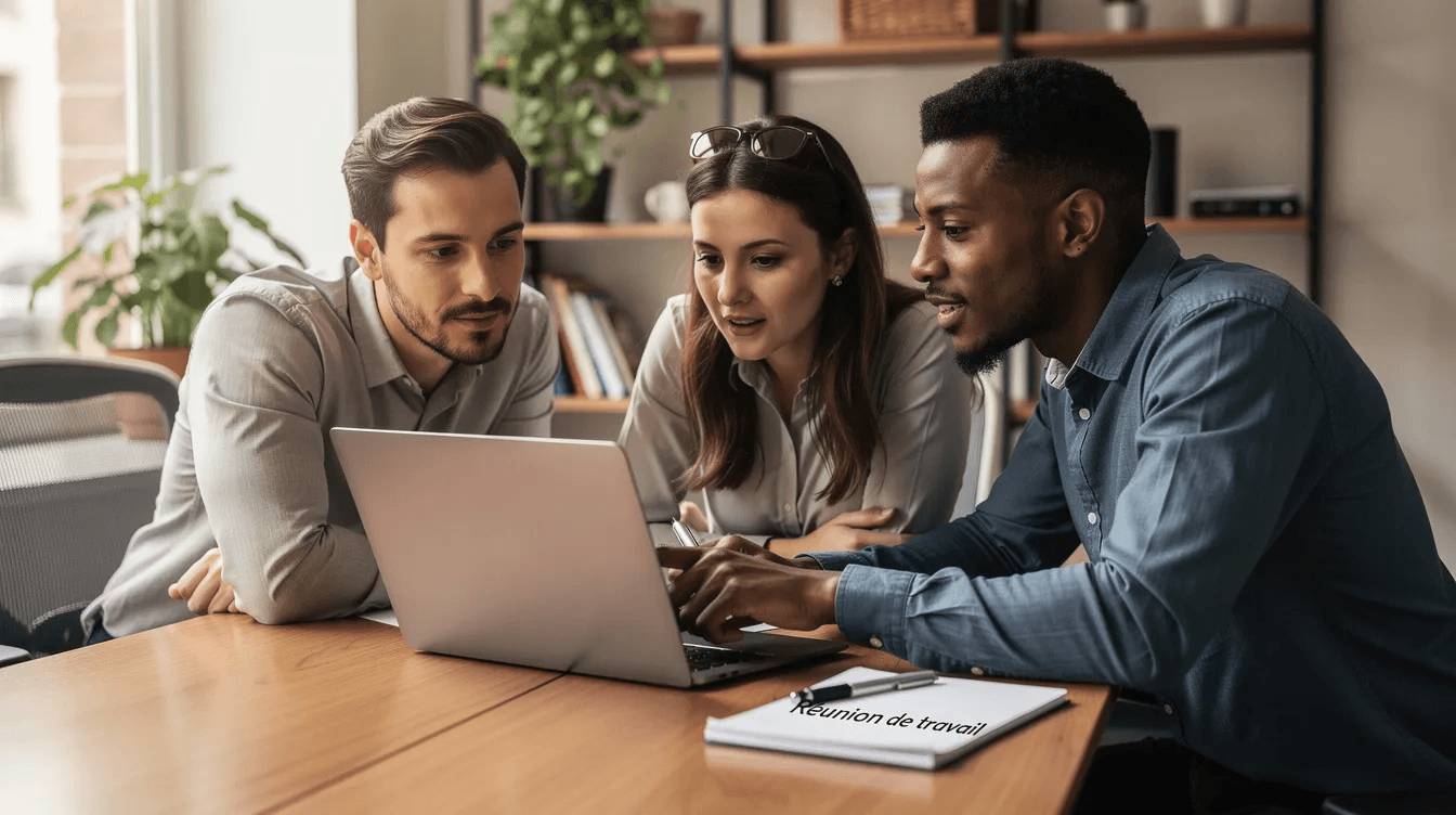 Une réunion de travail se déroule autour d'un ordinateur où des participants discutent des choix entre Next.js et WordPress pour le développement web de leur entreprise. Ils abordent des sujets tels que la performance, le référencement et les coûts associés à chaque solution pour leur futur site web.