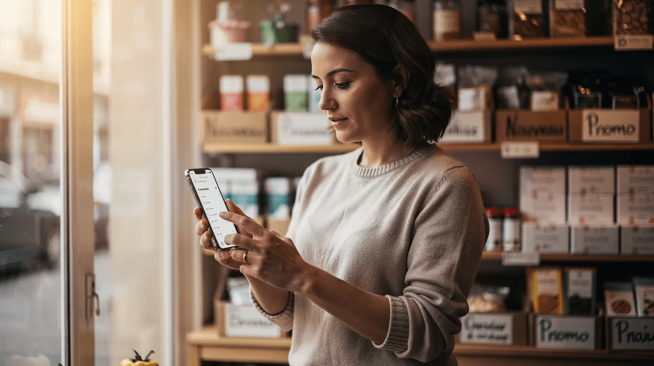 Une commerçante vérifie ses commandes sur son smartphone dans sa boutique, illustrant l'importance de la gestion des e commerces. Cette scène met en avant l'utilisation des technologies modernes pour faciliter la gestion des ventes en ligne.