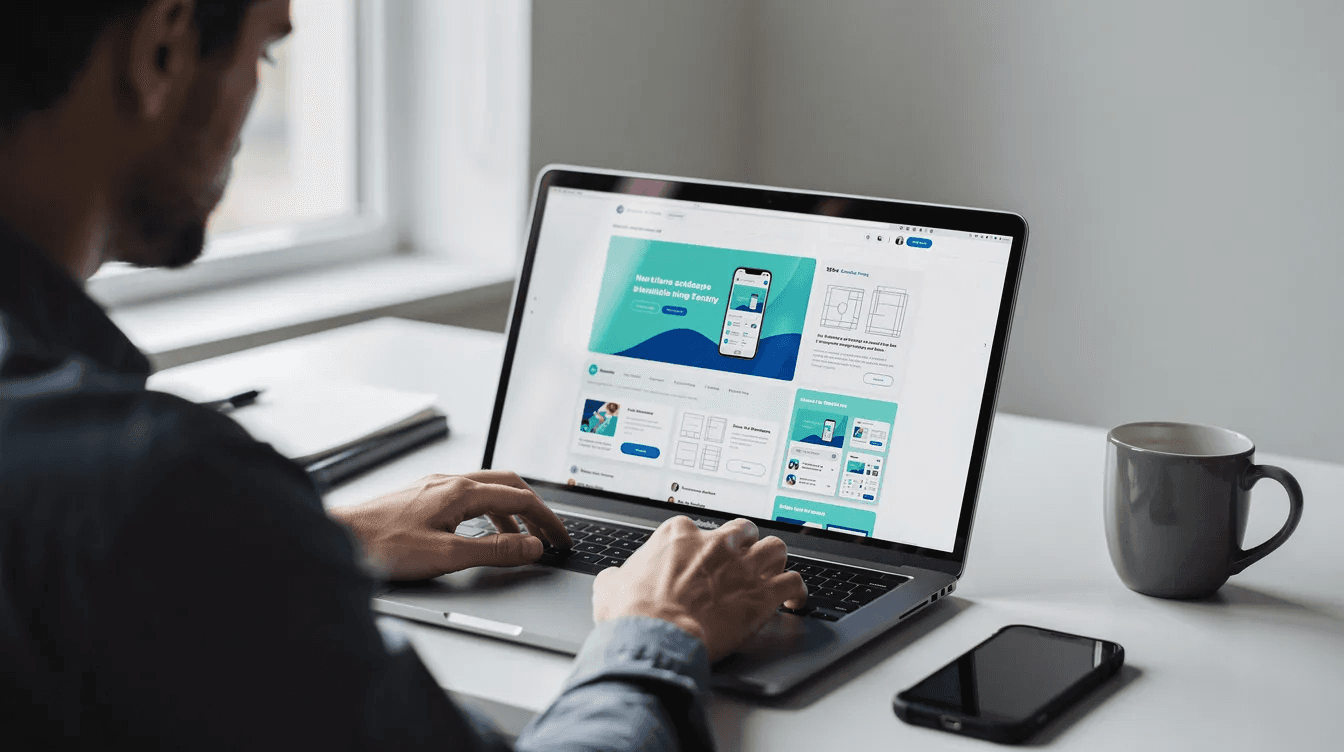 Une personne travaille sur un ordinateur portable, affichant des maquettes de conception de site internet sur l'écran. Ce moment illustre le processus de création d'un site web, essentiel pour les entreprises cherchant à établir leur présence en ligne.