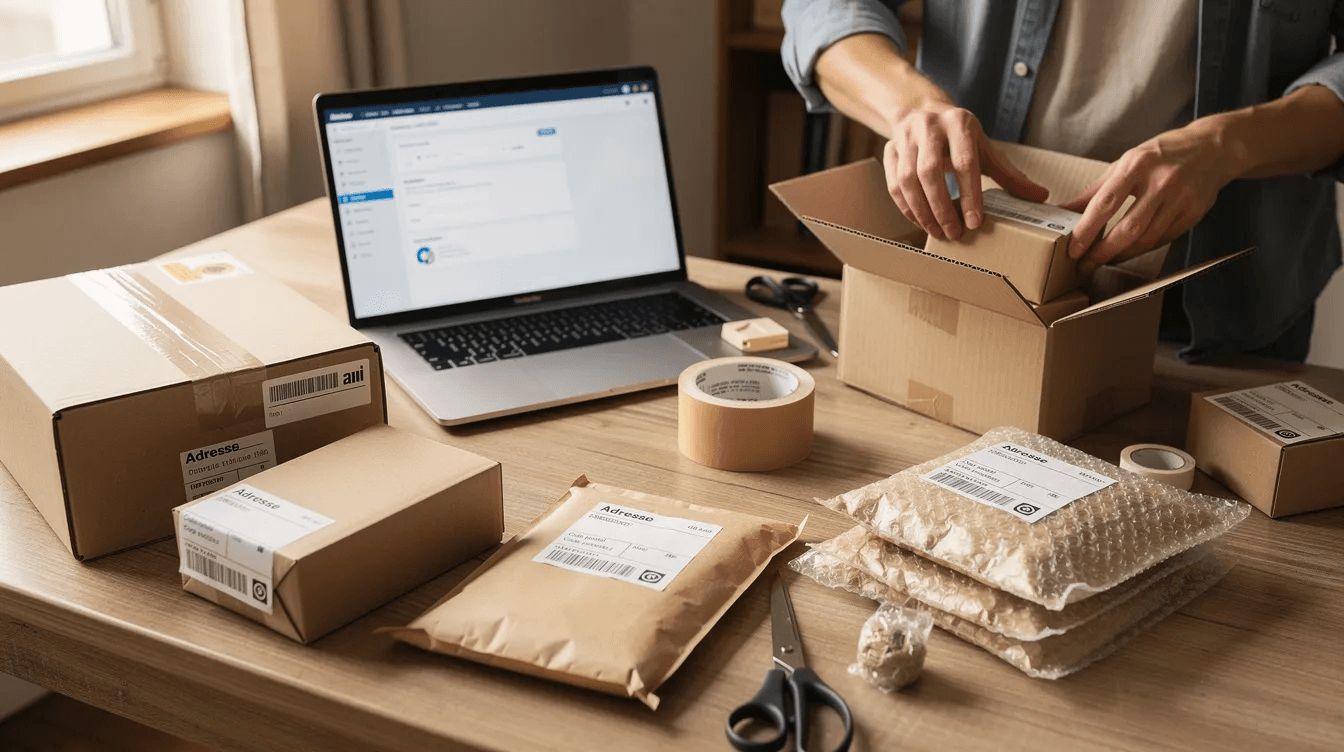 Une personne est en train de préparer des colis sur une table, entourée de produits et utilisant un ordinateur portable. Cette scène évoque l'organisation d'une boutique en ligne, où l'efficacité et le service client sont essentiels pour la création d'un site e-commerce.