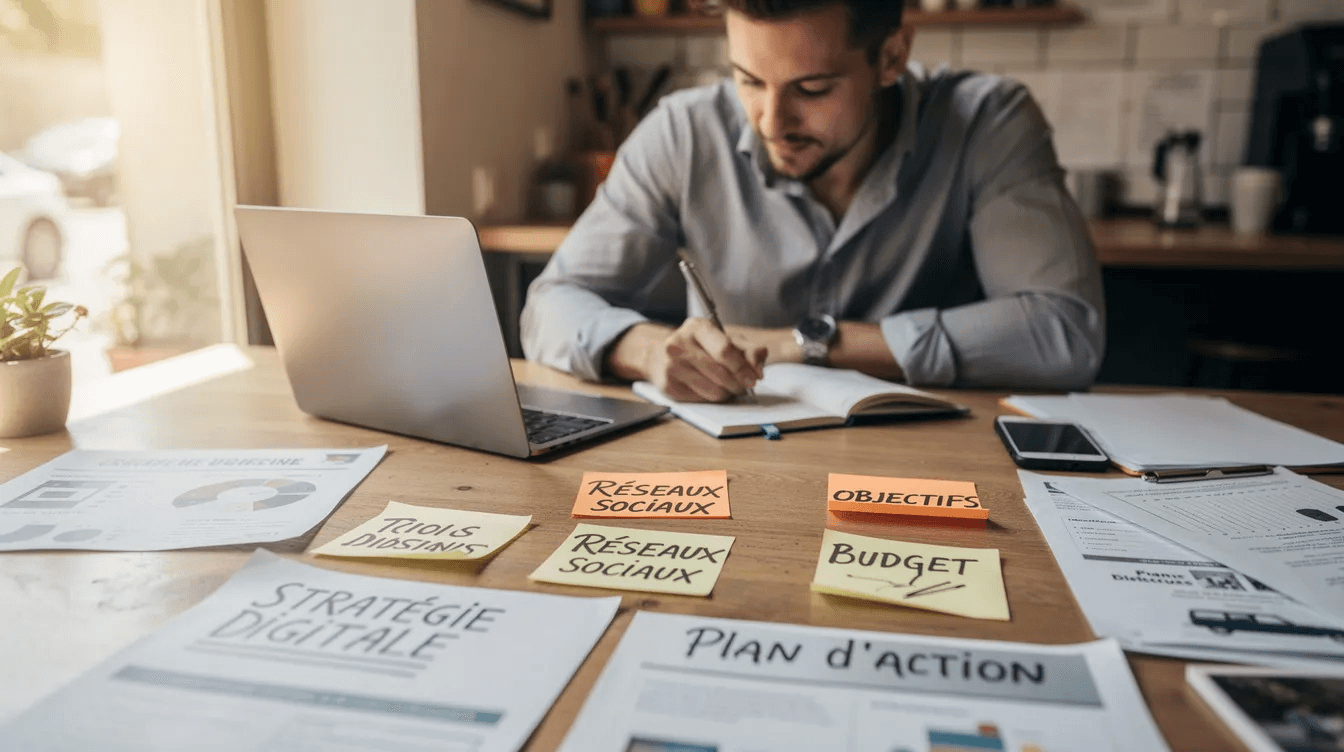Un propriétaire de petite entreprise est assis à une table, entouré de notes et de documents, en train de planifier sa stratégie digitale pour son site e-commerce. Il réfléchit aux choix de CMS, comme WordPress ou Shopify, pour optimiser sa boutique en ligne et atteindre ses objectifs de croissance.