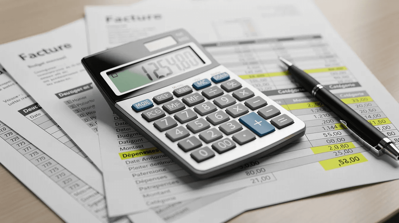 Une calculatrice est posée sur des documents de facturation et de budget, illustrant l'importance de gérer les coûts liés à la création d'un site internet, qu'il s'agisse d'un site e commerce ou d'un site vitrine. Les papiers montrent des chiffres et des calculs, soulignant la nécessité de prévoir un budget total pour un projet en ligne.