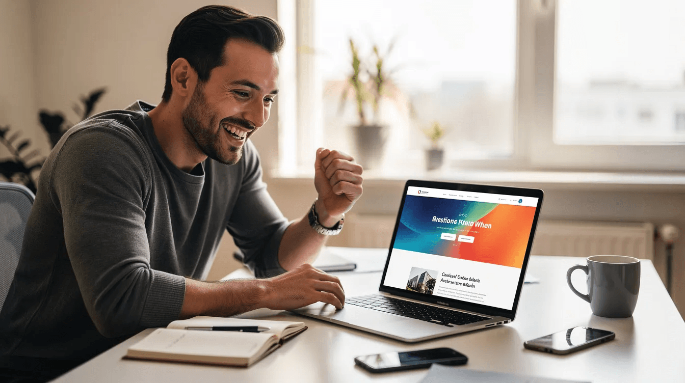Un entrepreneur célèbre le lancement réussi de son site internet en souriant devant son ordinateur portable. Il semble ravi de la création de son site web, qui représente une étape importante pour son activité.