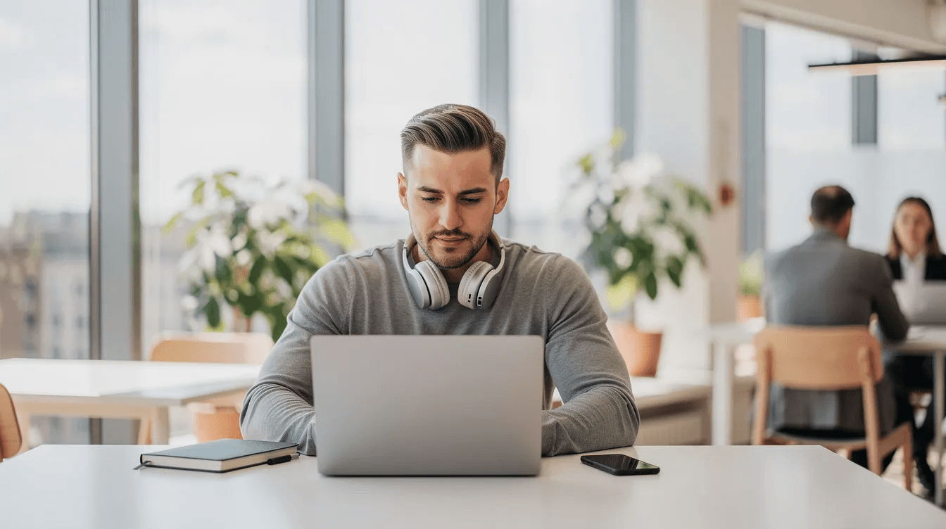 Un entrepreneur est assis à une table dans un espace de coworking lumineux, travaillant sur son ordinateur portable. Il semble concentré sur la création ou la gestion de son site web, potentiellement pour une boutique en ligne, en réfléchissant aux choix de CMS comme WordPress ou Shopify pour son projet d'e-commerce.