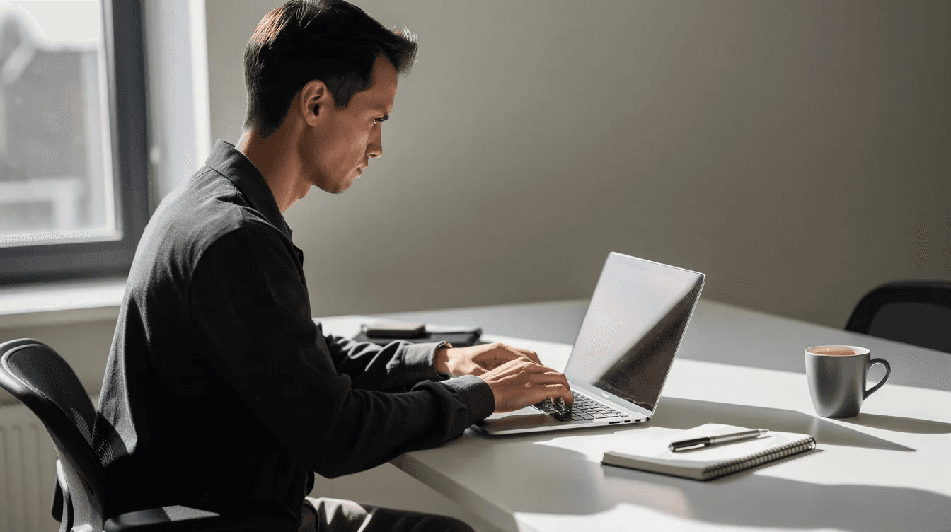 Une personne est assise à un bureau, travaillant sur un ordinateur portable, probablement en train de développer un site web. L'image évoque le choix entre Next.js et WordPress pour le développement web, soulignant les enjeux de performance, de SEO et de gestion de contenu pour les entreprises.