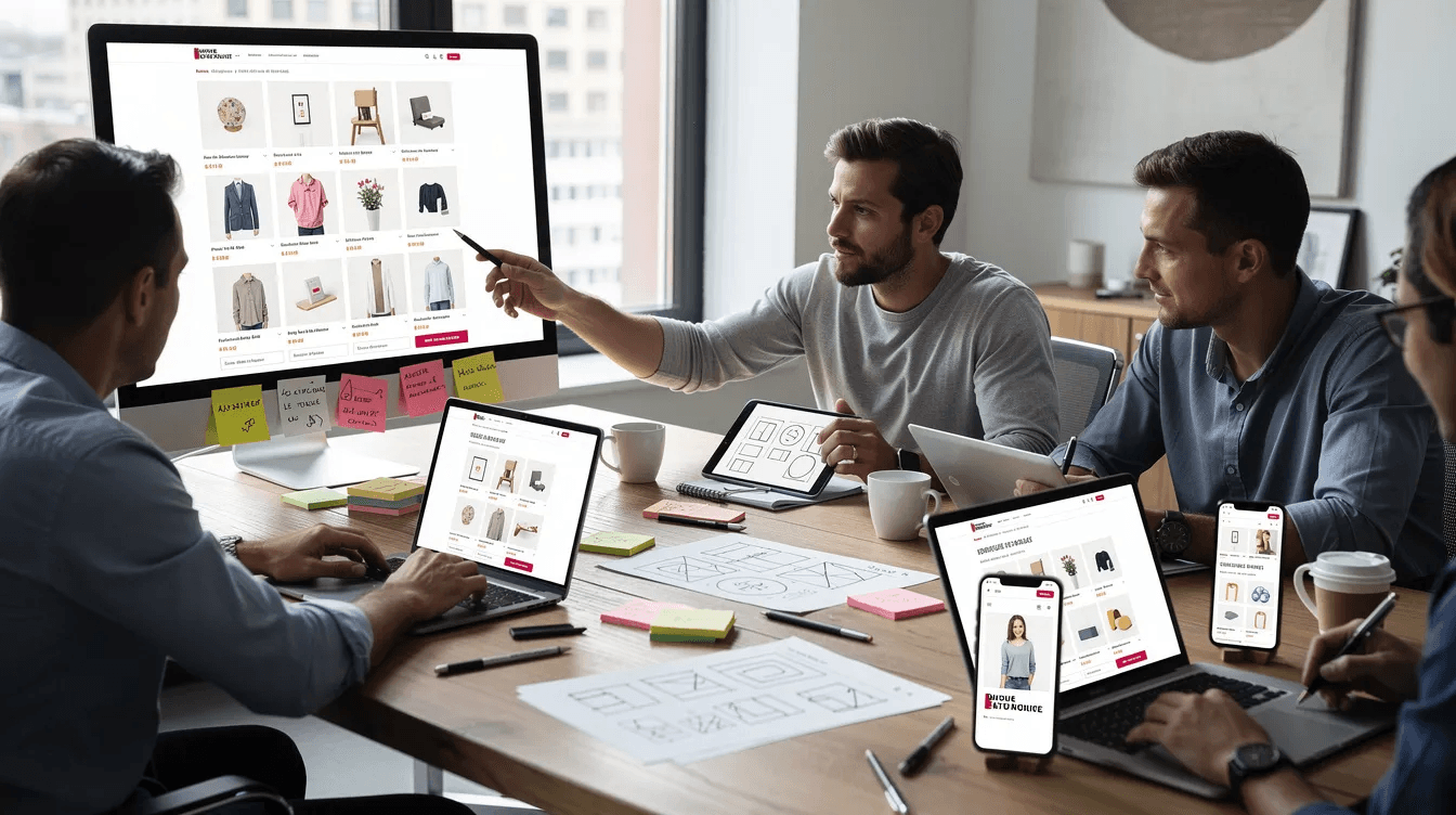 Une équipe de professionnels travaille sur les maquettes d'une boutique en ligne, utilisant des ordinateurs et des smartphones pour concevoir un site e commerce. Ils se concentrent sur l'expérience utilisateur et la mise en page afin d'améliorer la performance et le taux de conversion du site.