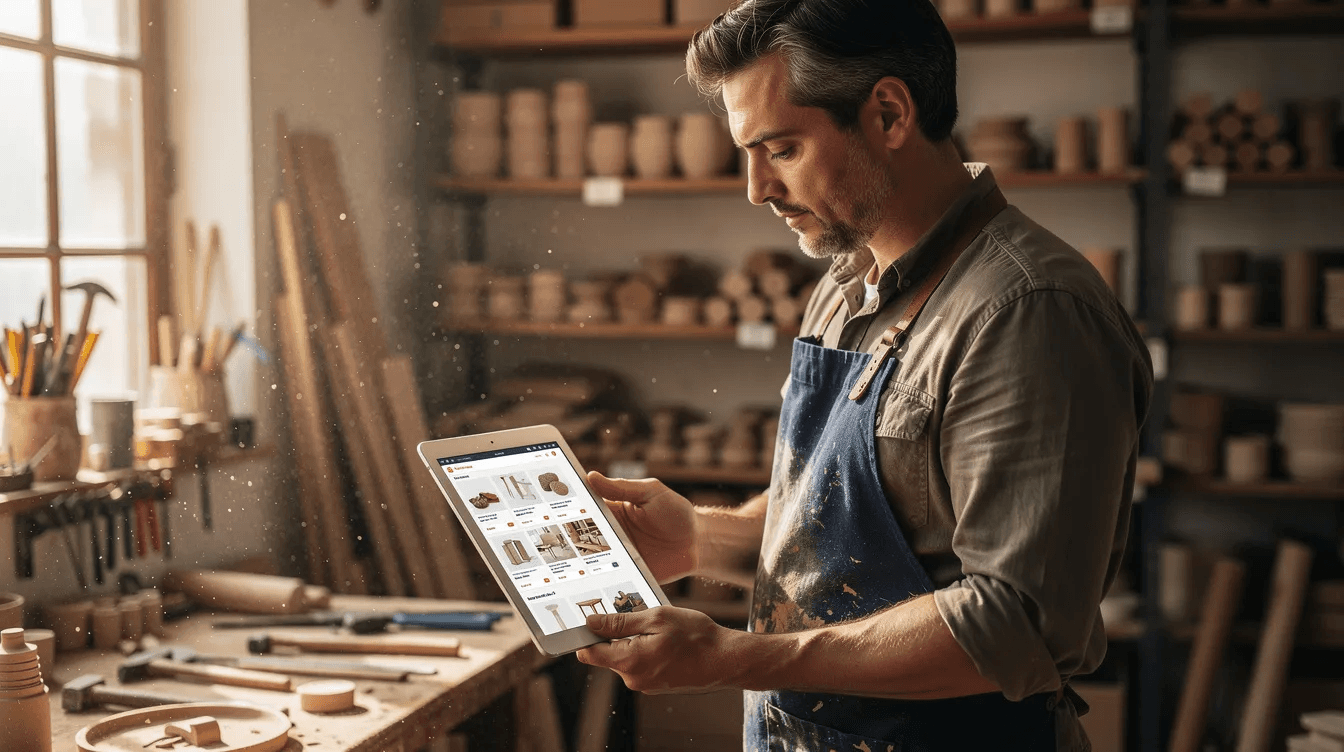 Un artisan consultant examine son site e-commerce sur une tablette dans son atelier, réfléchissant aux choix de CMS comme WordPress ou Shopify pour optimiser sa boutique en ligne. L'image illustre l'importance de la personnalisation et de la gestion des pages pour un site web performant.