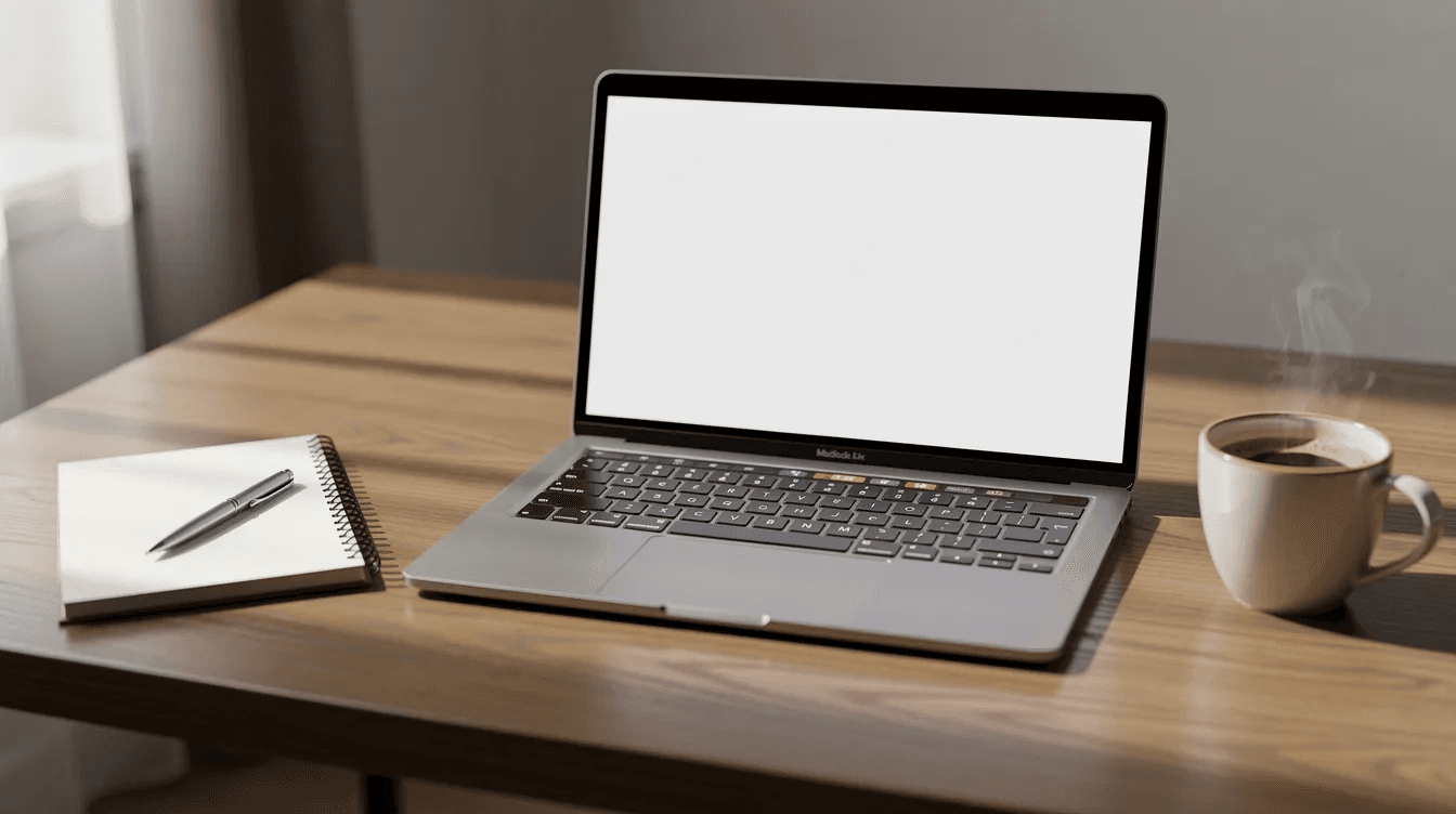 Un ordinateur portable est ouvert sur un bureau, accompagné d'un carnet, d'un stylo et d'une tasse de café. Cette scène évoque une ambiance de travail, peut-être liée à la création ou à la refonte d'un site internet.
