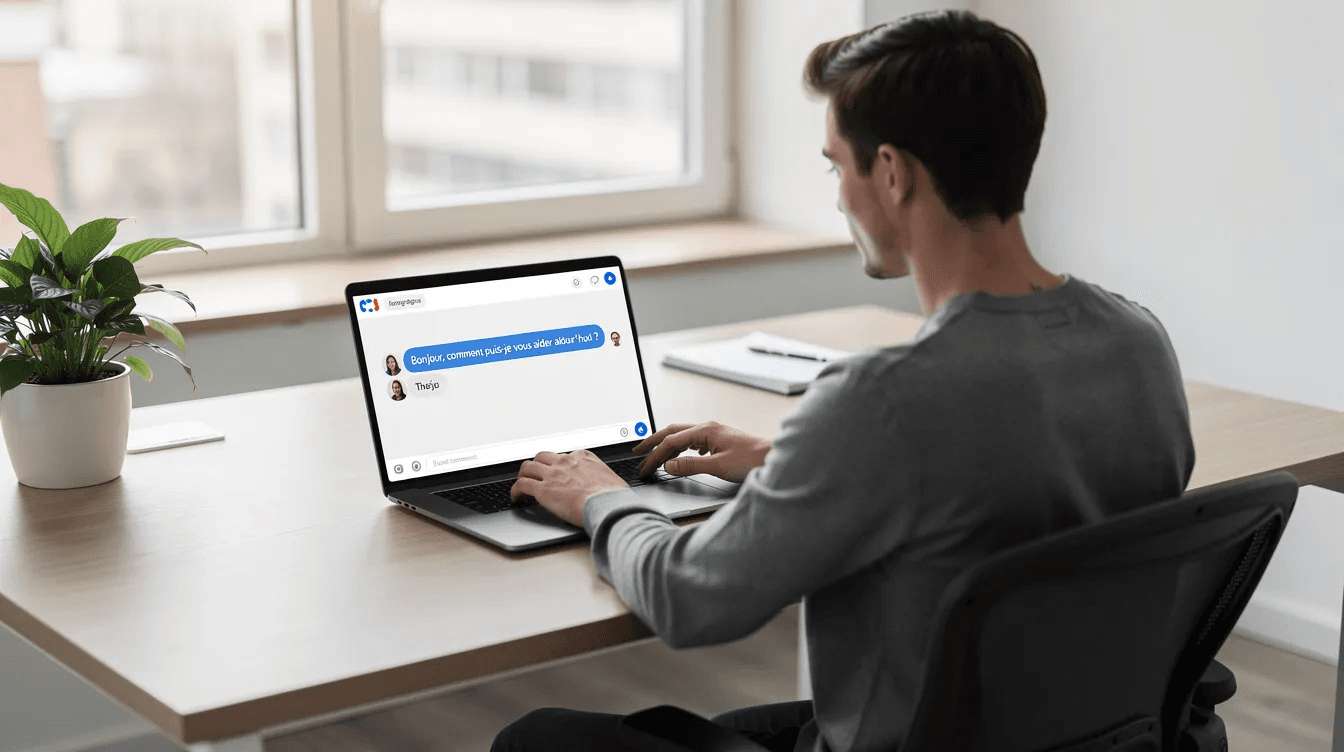 Une personne consulte un assistant IA sur un ordinateur portable dans un bureau moderne, entourée d'un décor minimaliste et lumineux. Cette scène illustre l'ère de la recherche générative, où les utilisateurs explorent des stratégies de référencement et d'optimisation pour améliorer leur visibilité sur les moteurs de recherche.
