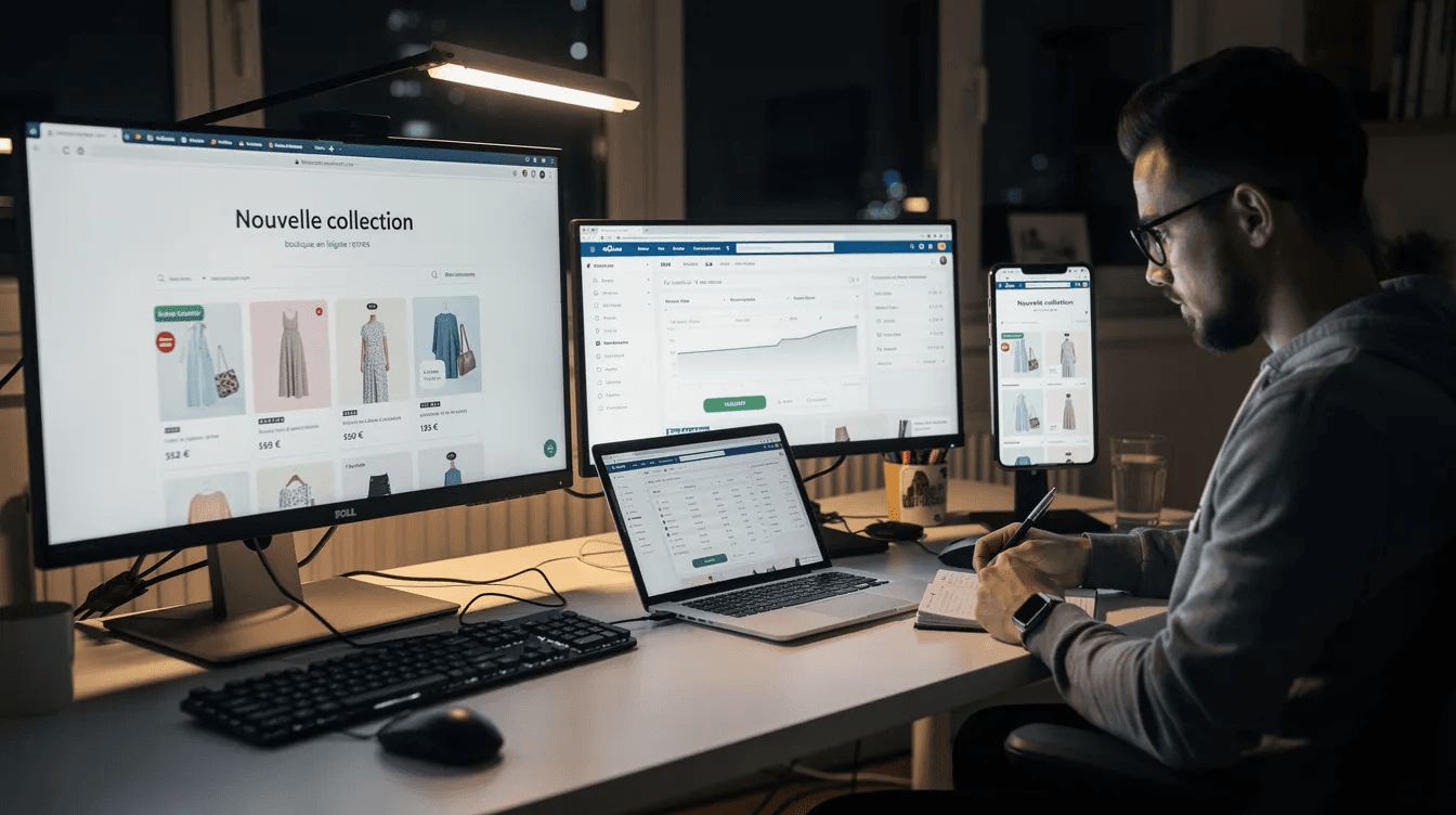 Un développeur examine attentivement une boutique en ligne sur plusieurs écrans, vérifiant les fonctionnalités et la mise en page avant son lancement. Cette étape est cruciale pour garantir une expérience utilisateur optimale et le succès du site e commerce.