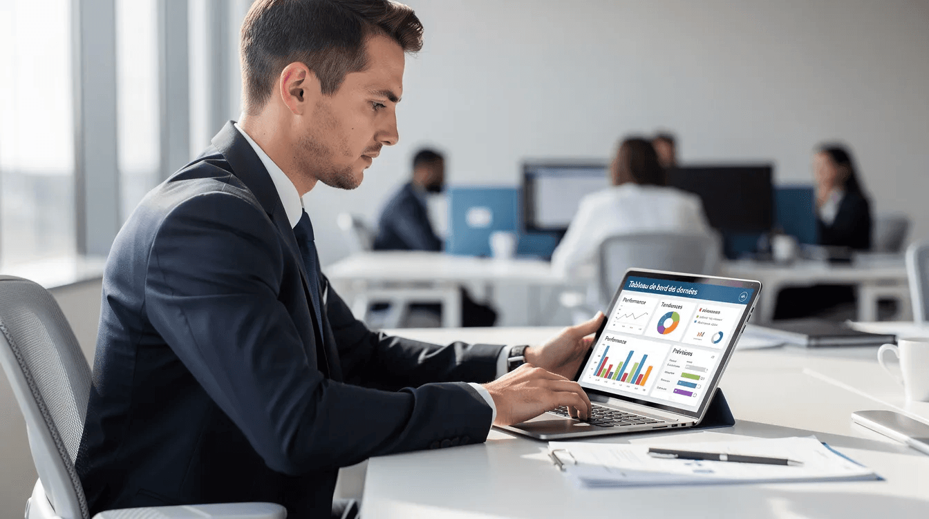 Un consultant professionnel des données utilise une tablette dans un espace de travail moderne, entouré d'écrans affichant des graphiques et des analyses. Cette scène illustre l'importance du référencement et de la visibilité en ligne dans l'ère des moteurs de recherche et des stratégies SEO.