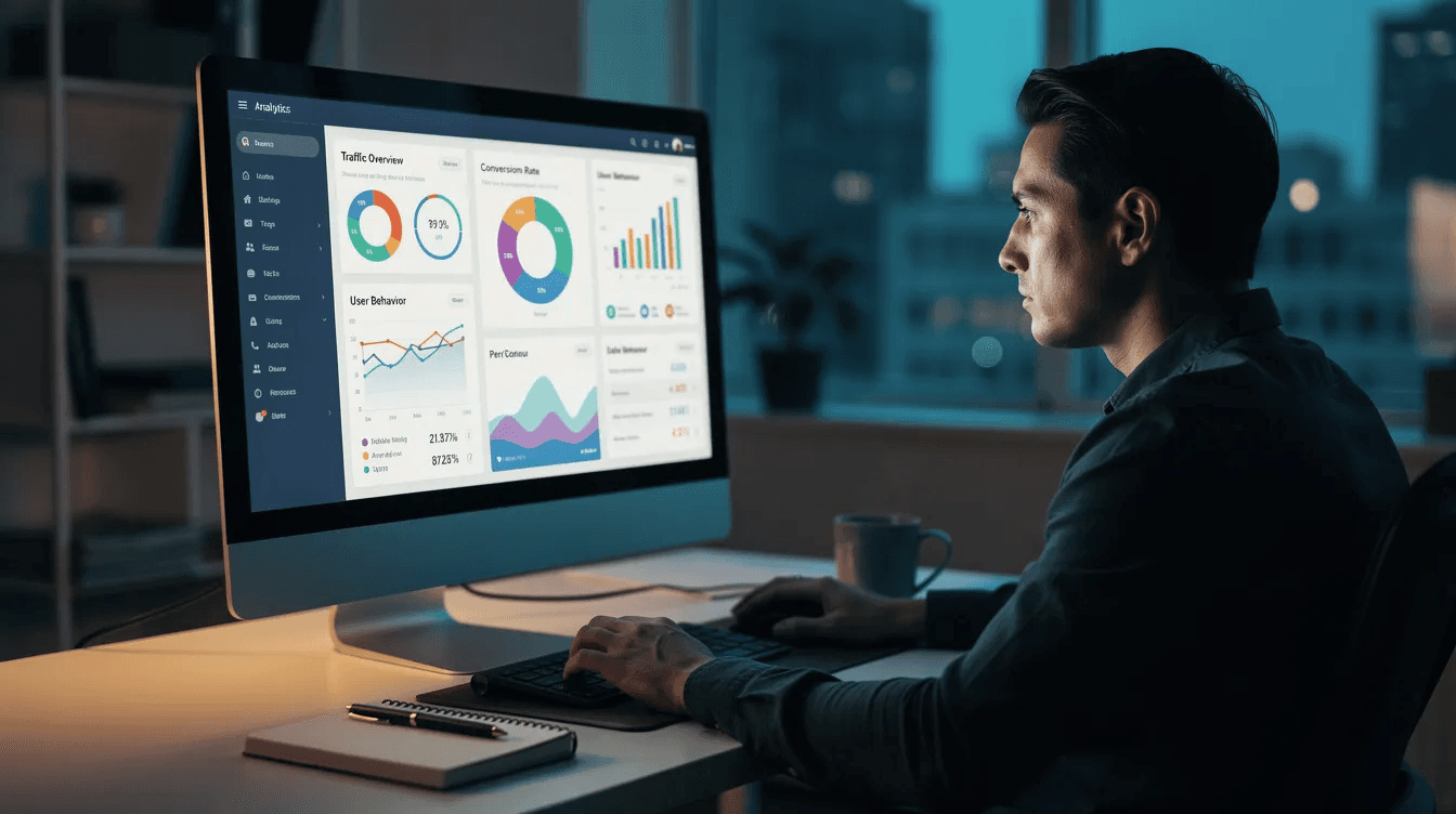 Une personne est assise devant un ordinateur, analysant des données d'analytics de site internet affichées sur l'écran. On peut voir des graphiques et des chiffres qui représentent l'activité et la visibilité du site web.