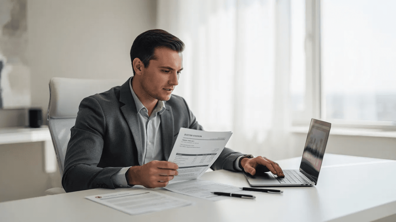 Un entrepreneur assis à un bureau lumineux consulte des devis sur son ordinateur portable, réfléchissant aux coûts de création d'un site internet, notamment pour une boutique en ligne ou un site vitrine. Son espace de travail est bien organisé, avec des documents et un carnet à portée de main pour noter ses idées et questions sur le budget à prévoir.