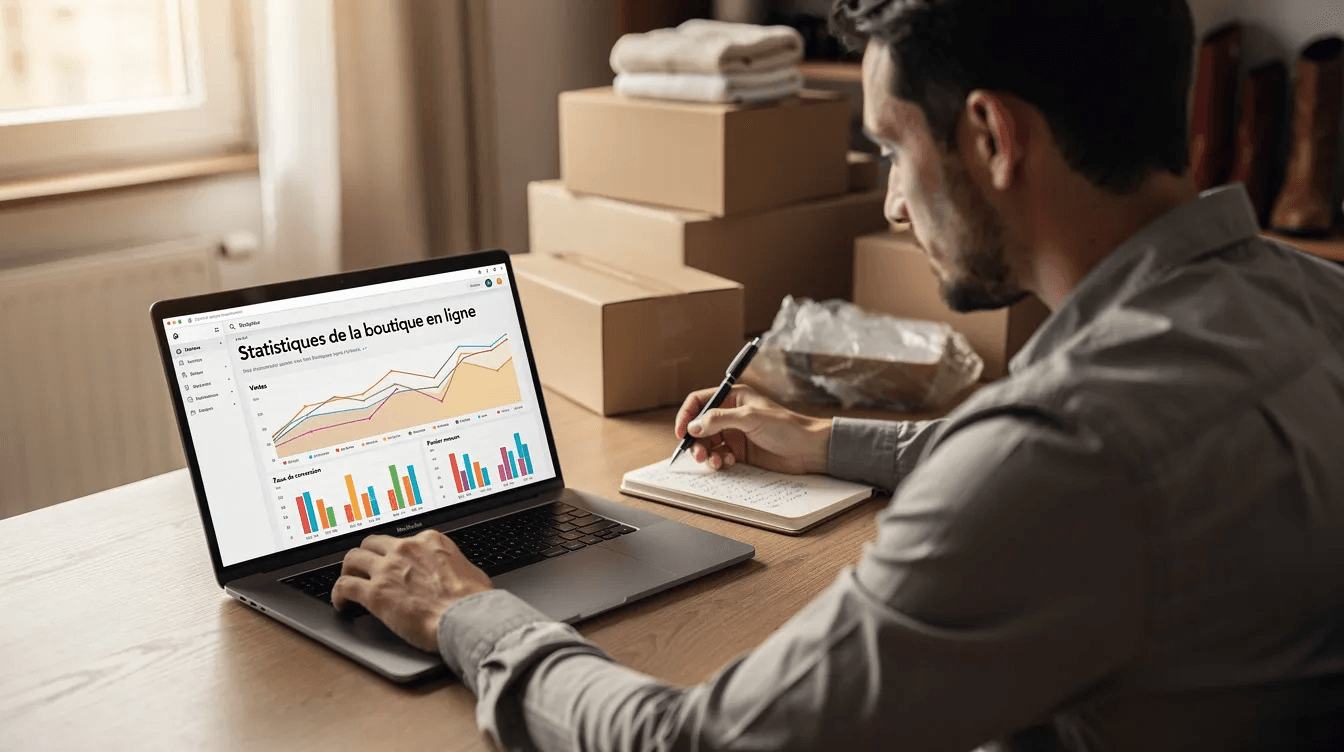 Un commerçant consulte les statistiques de sa boutique en ligne sur un ordinateur portable, analysant des données essentielles pour optimiser son site e commerce. On peut apercevoir des graphiques et des chiffres sur l'écran, illustrant le trafic et le taux de conversion de son site web.