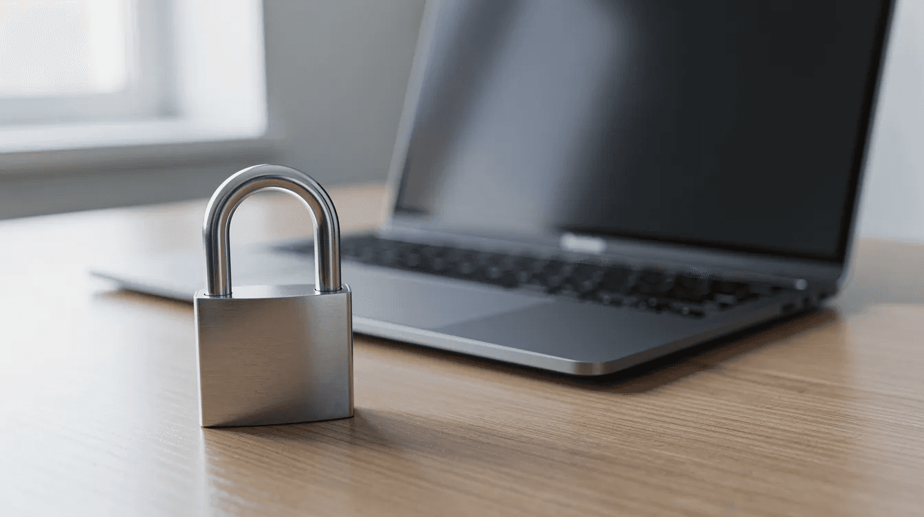 Un cadenas est posé près d’un ordinateur, symbolisant la sécurité dans le développement web. Cette image évoque également le choix entre des solutions comme Next.js et WordPress pour la création de sites web, en tenant compte des enjeux de performance et de sécurité.