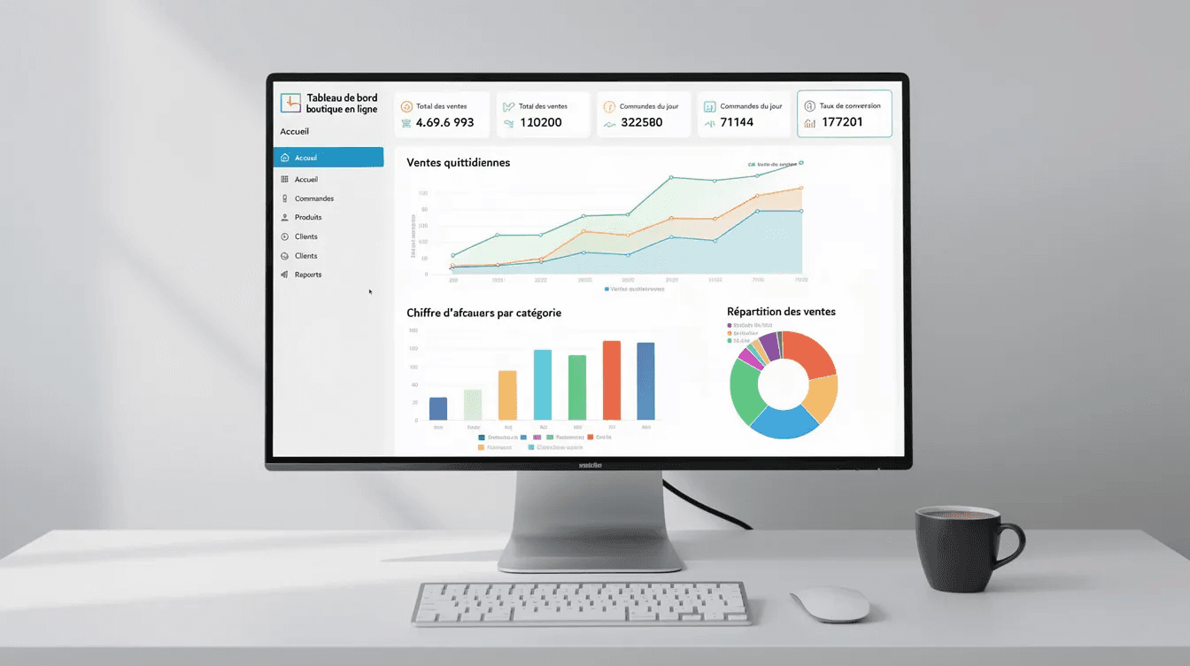 L'image montre un écran d'ordinateur affichant un tableau de bord d'une boutique en ligne, avec des graphiques de ventes illustrant les performances d'un site e commerce. Ce tableau de bord permet de suivre l'activité et le chiffre d'affaires, essentiel pour choisir le type de site adapté à votre activité.