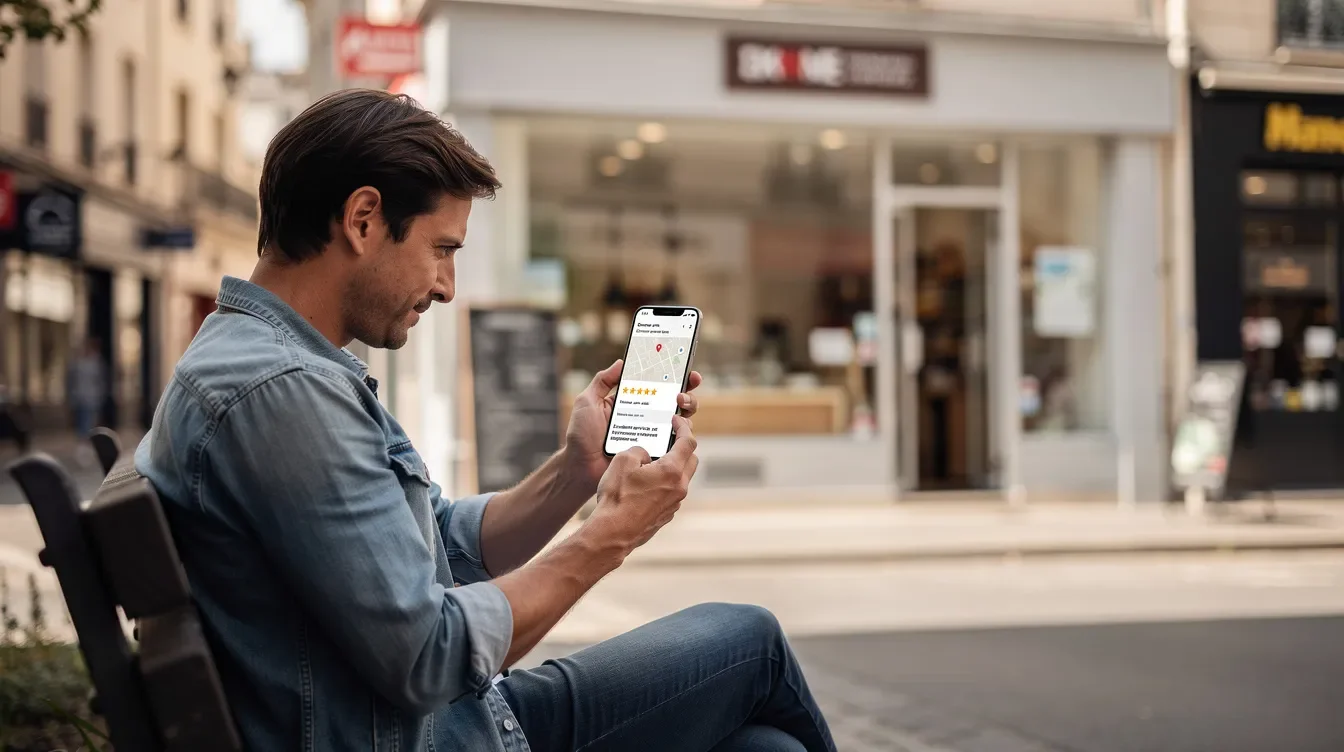 Commerçant de quartier consultant sa fiche Google Maps sur smartphone