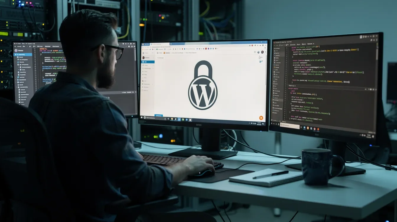 Développeur freelance sécurisant un site WordPress sur son ordinateur