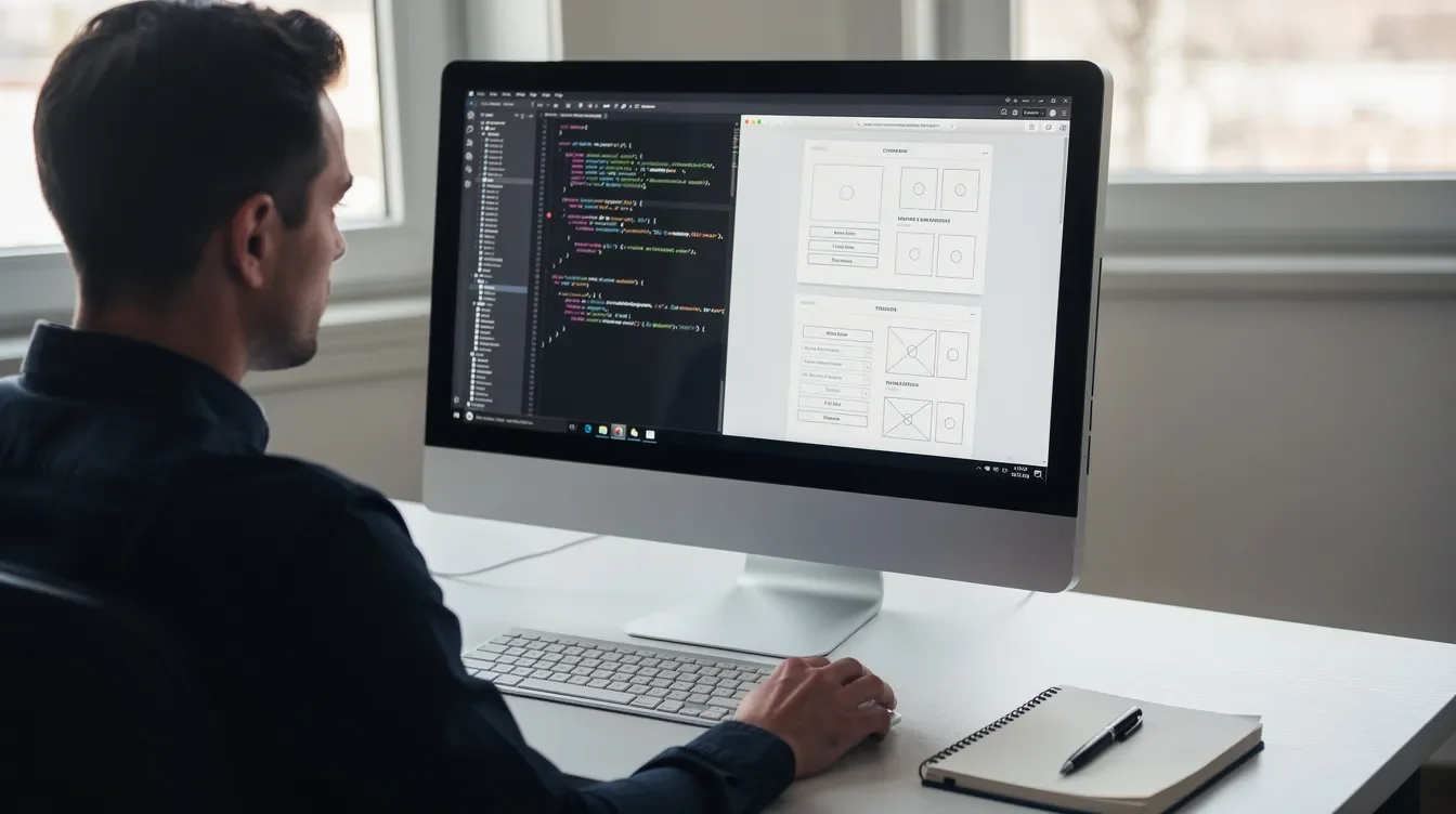 Développeur web freelance concevant un site internet professionnel sur son écran
