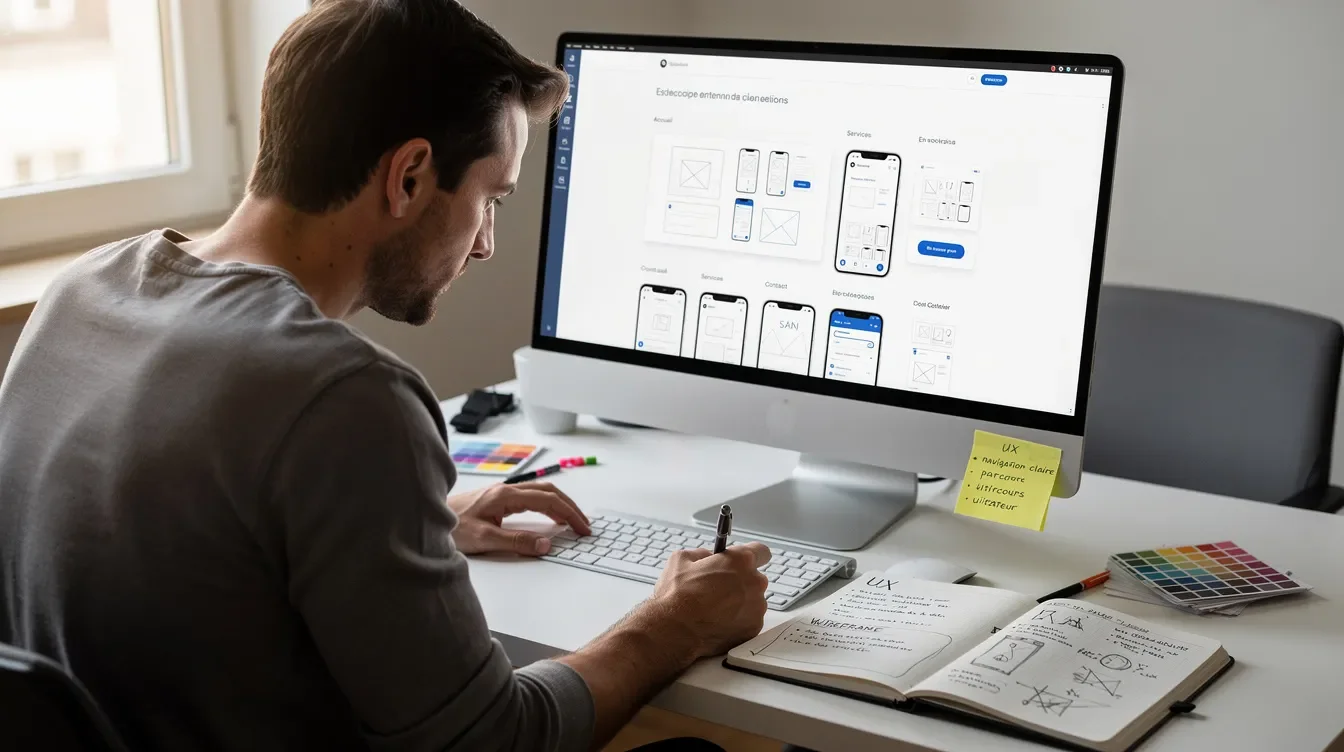 Développeur web freelance concevant un site performant sur son poste de travail