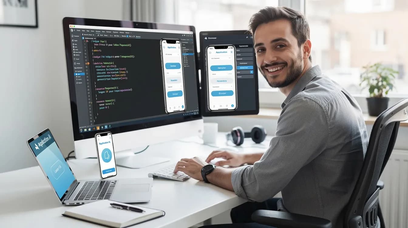 Développeur freelance concevant une application mobile et web sur écran
