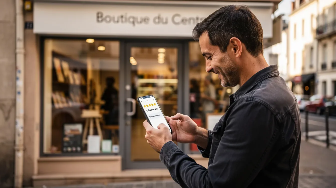 Client laissant un avis cinq étoiles pour un commerce de son quartier
