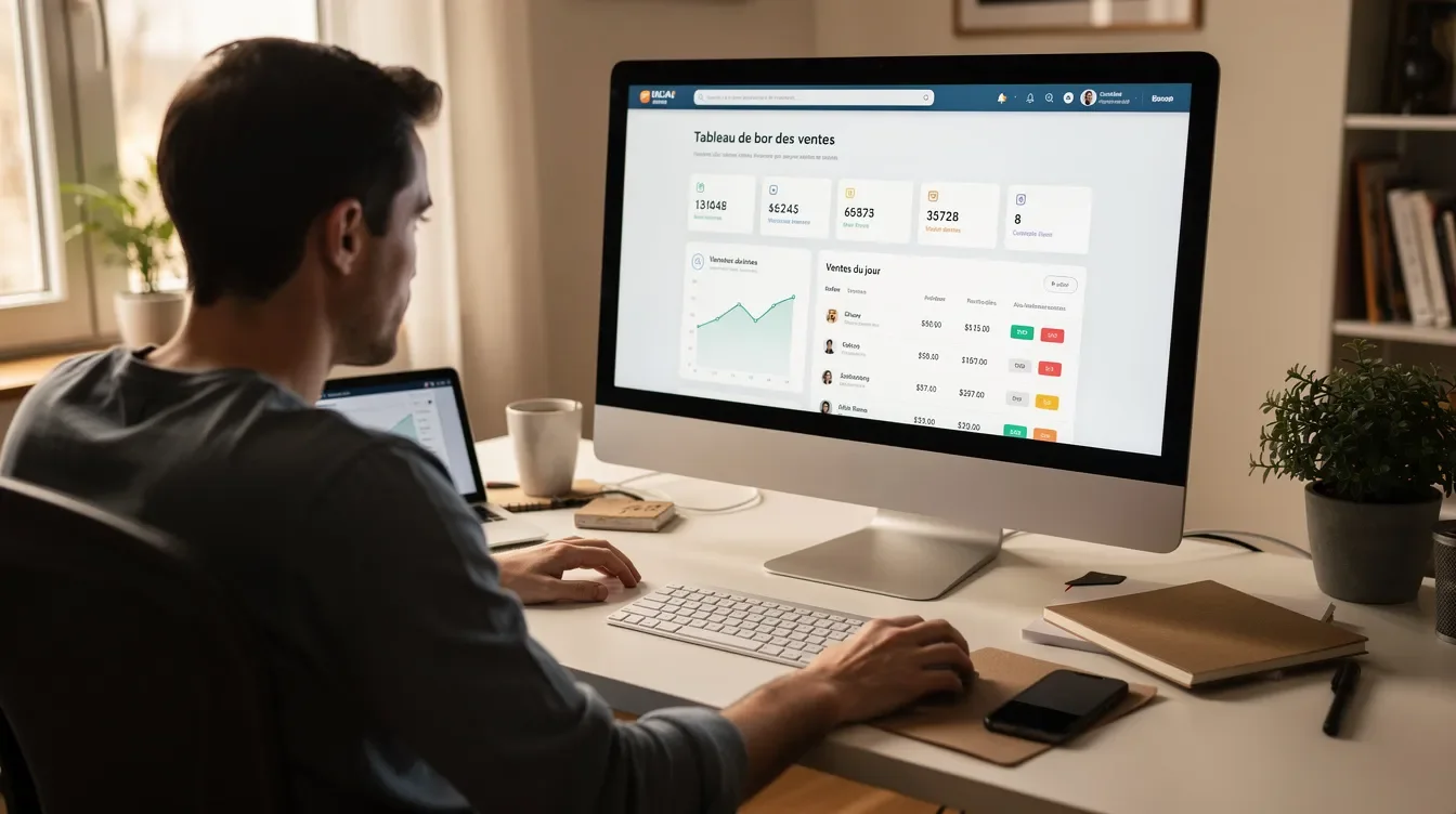 Une personne est assise devant son ordinateur, regardant les statistiques de vente sur son site e-commerce, comparant les performances de sa boutique en ligne entre WooCommerce et Shopify. L’écran affiche des graphiques et des données sur les ventes en ligne, mettant en évidence les outils et fonctionnalités de chaque plateforme de commerce électronique.