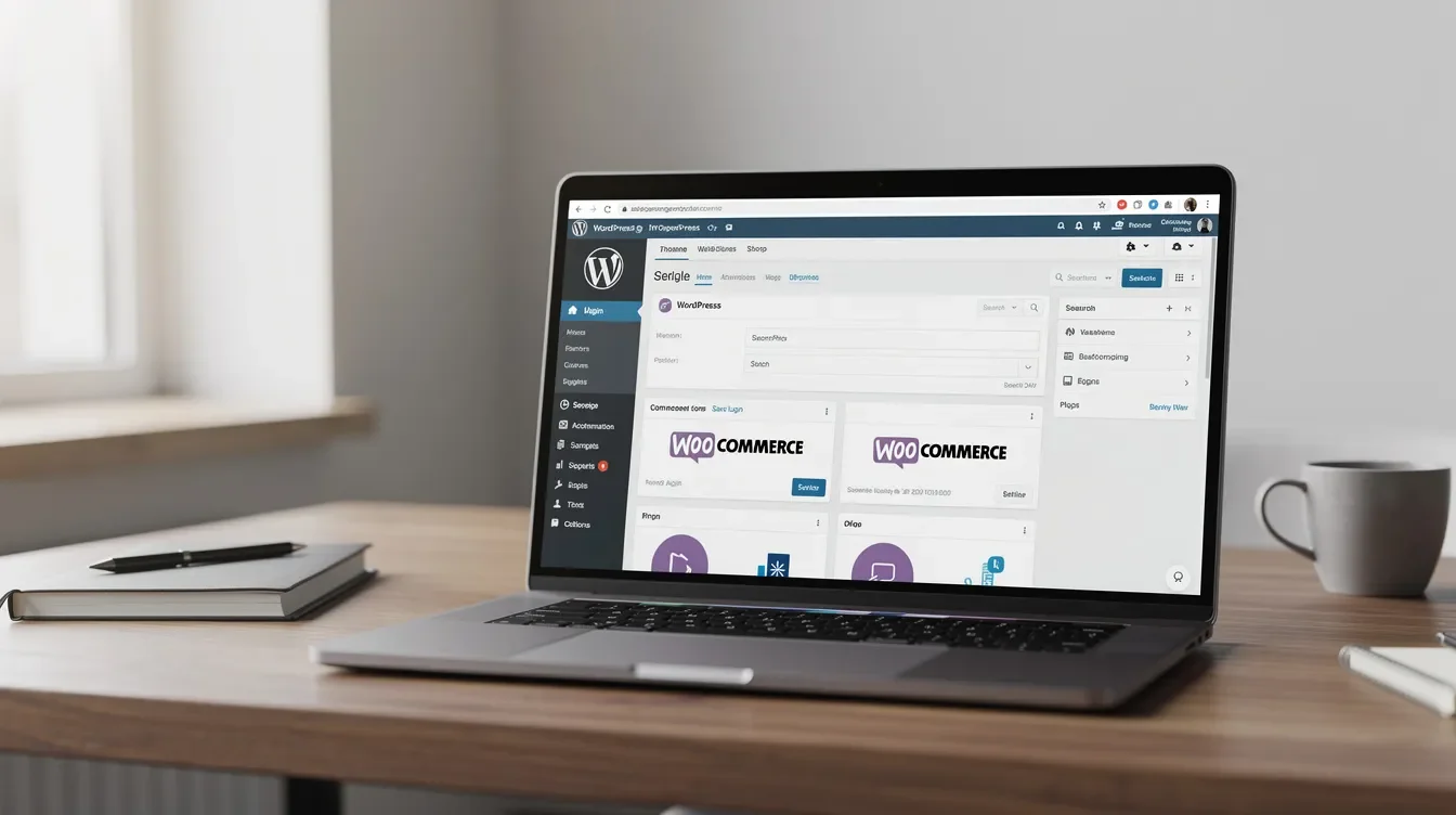 L'image montre un ordinateur affichant l'interface de WooCommerce intégrée à WordPress, illustrant ainsi une solution de commerce en ligne clé en main pour créer une boutique. Cette représentation met en lumière les outils et fonctionnalités nécessaires pour gérer une boutique e-commerce, tout en comparant les avantages de WooCommerce par rapport à Shopify.