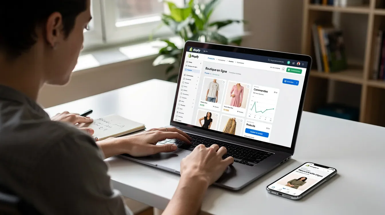 Une personne est assise devant son ordinateur, utilisant Shopify pour gérer sa boutique en ligne. L'image illustre la facilité d'utilisation de cette plateforme e-commerce, idéale pour la vente en ligne.