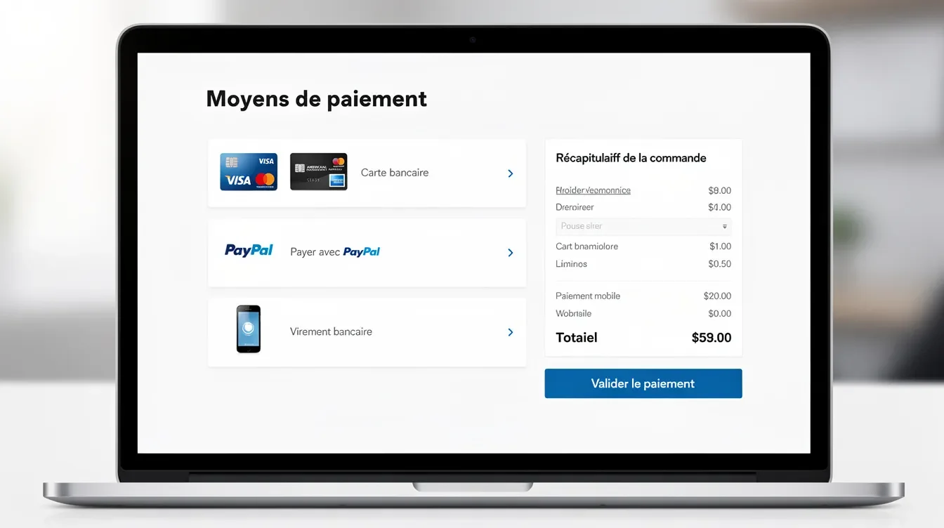 L'image montre un écran d'ordinateur affichant les paramètres de moyens de paiement sur un site WordPress utilisant WooCommerce. On y voit des options de passerelles de paiement et des outils de personnalisation pour faciliter la vente en ligne sur une boutique e-commerce.